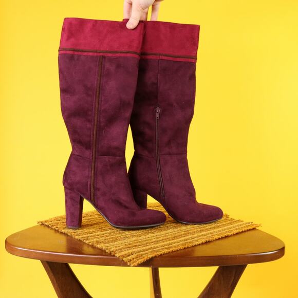 Rialto Faux Suede Purple Heeled Two Toned Color Block Boots, 6M - Picture 3 of 4